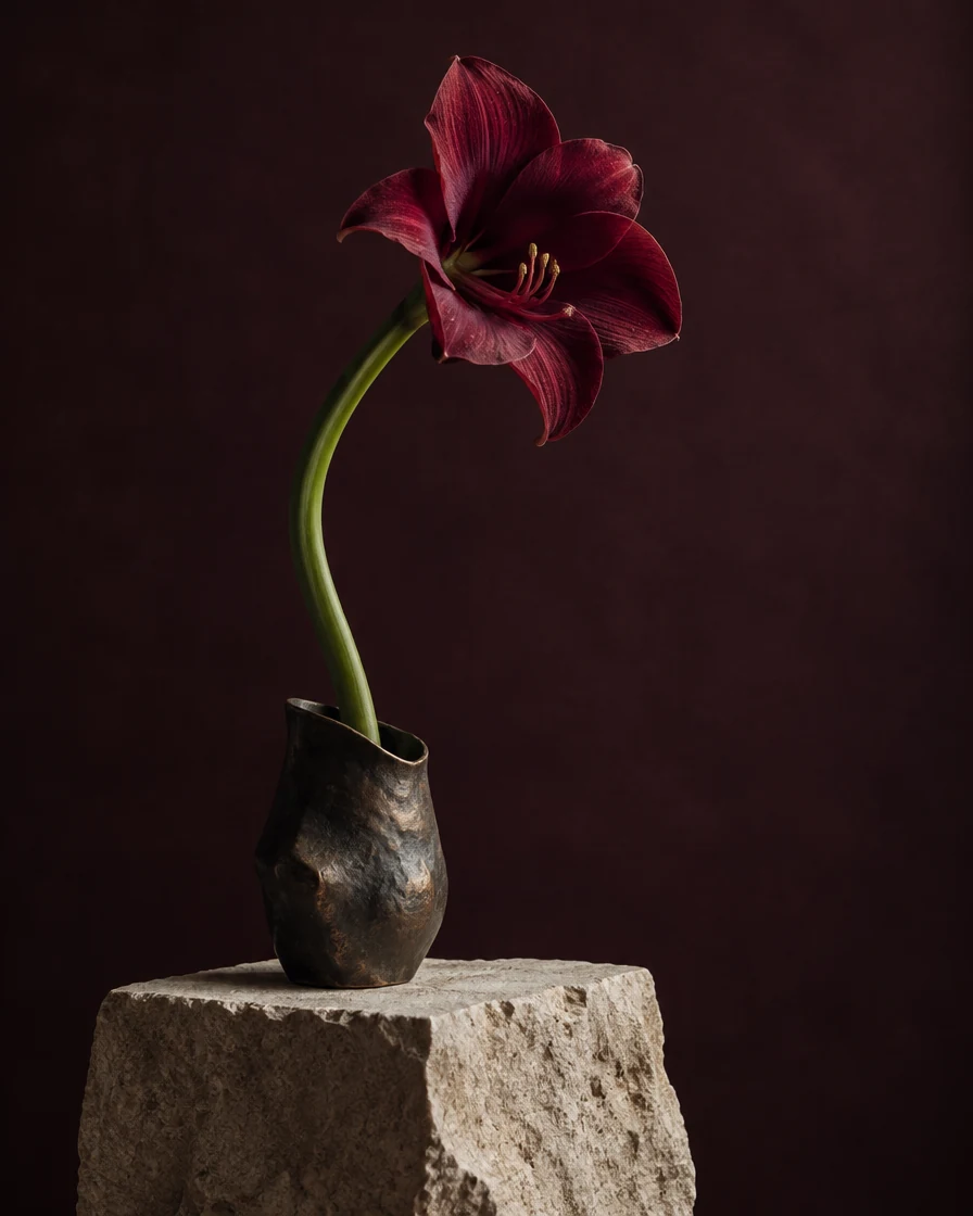 A deep red flower arranged in a bronze vessel on limestone