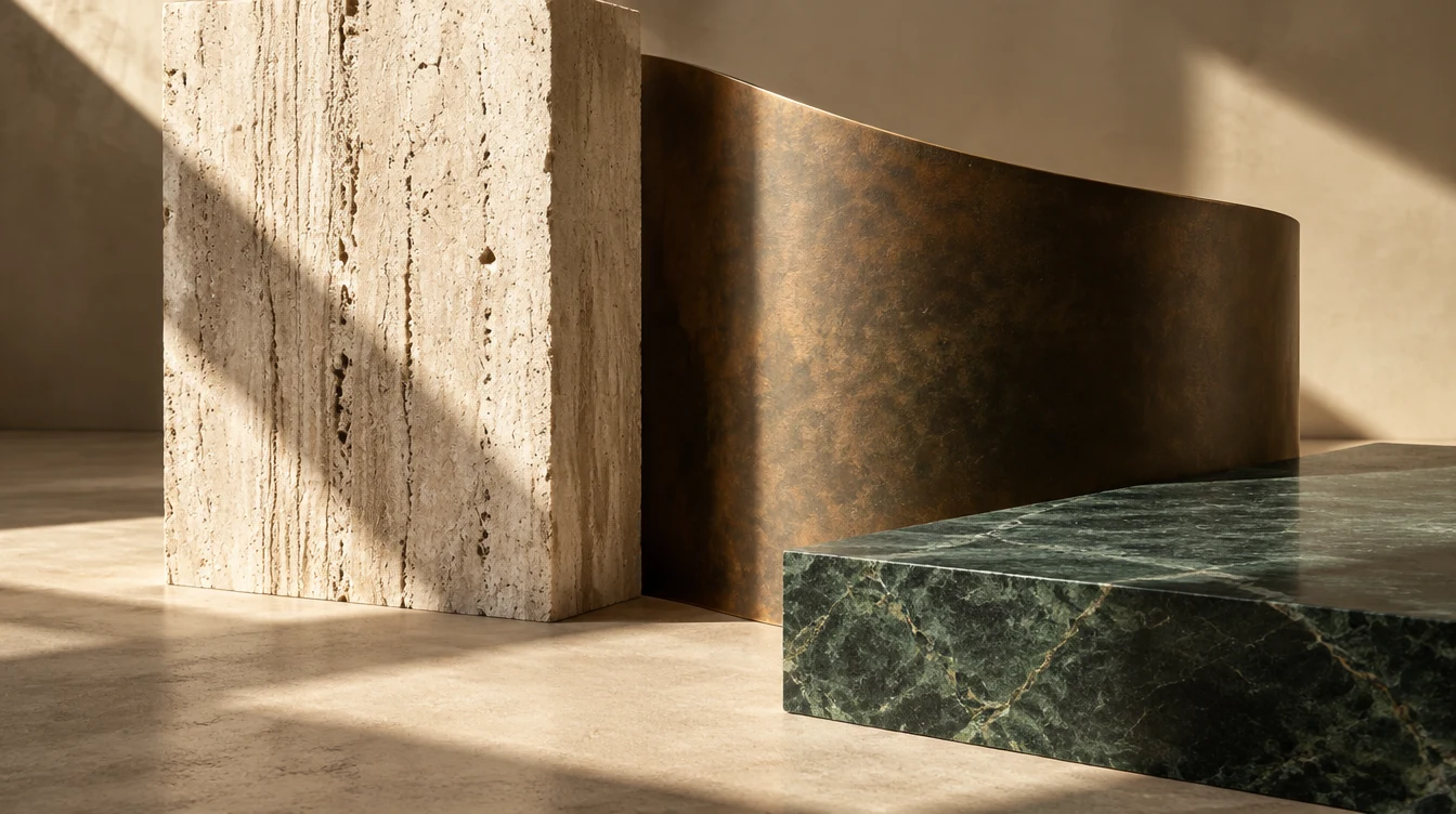 Stone, bronze, timber and glass arranged in warm natural light