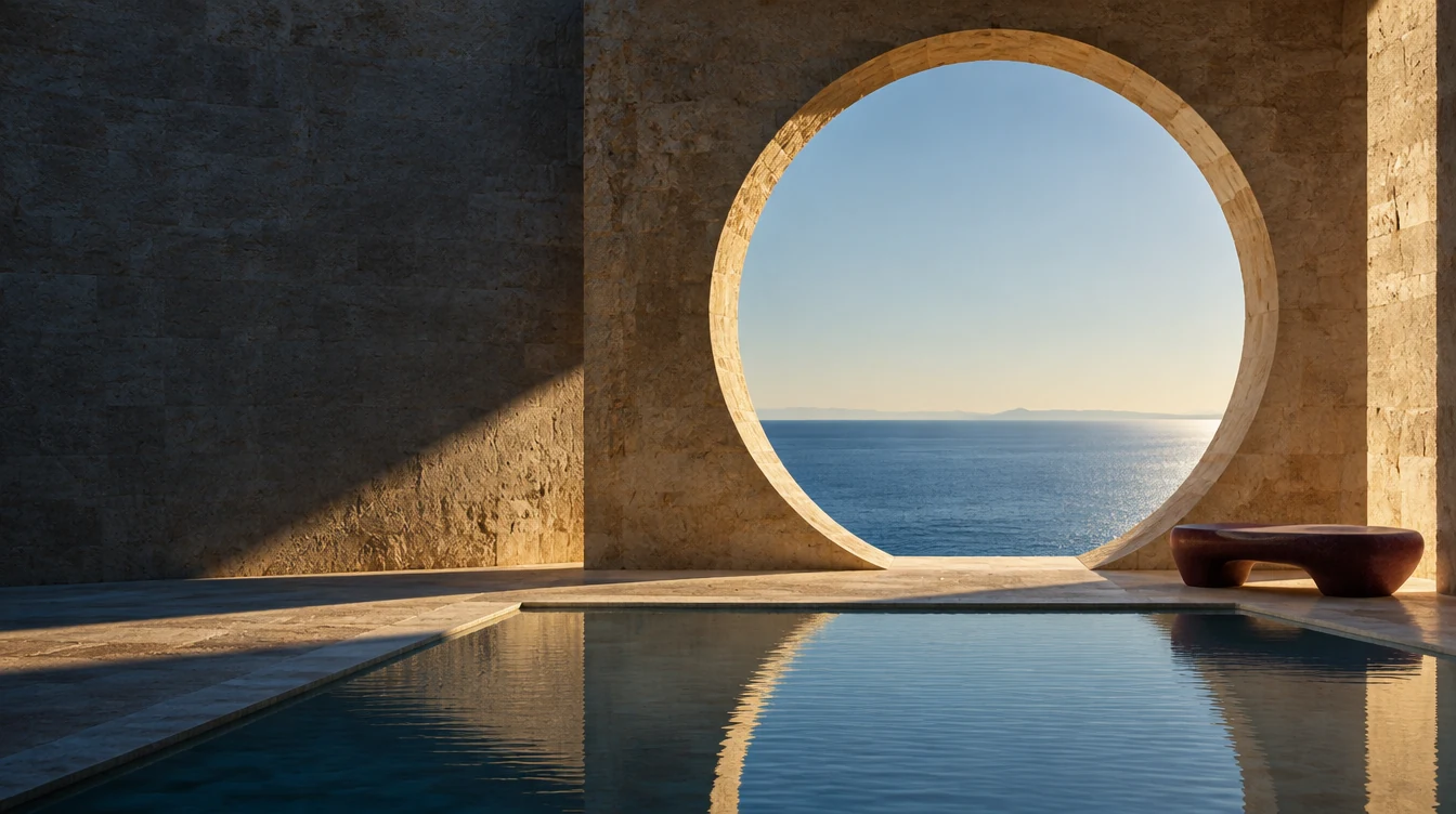 A calm limestone pavilion framing the sea through a circular opening