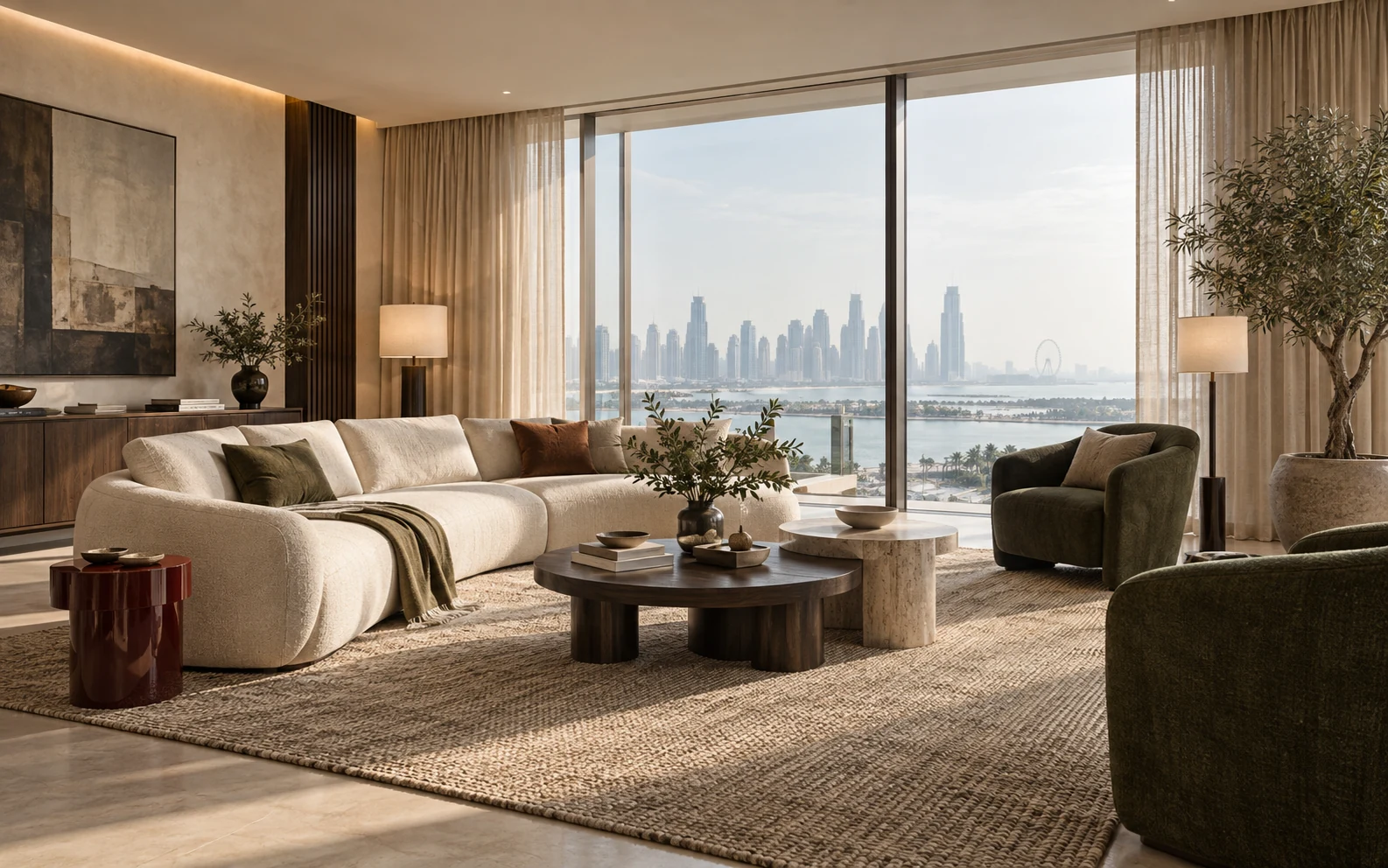 A composed living room with warm limestone, walnut, cream upholstery and deep green accents
